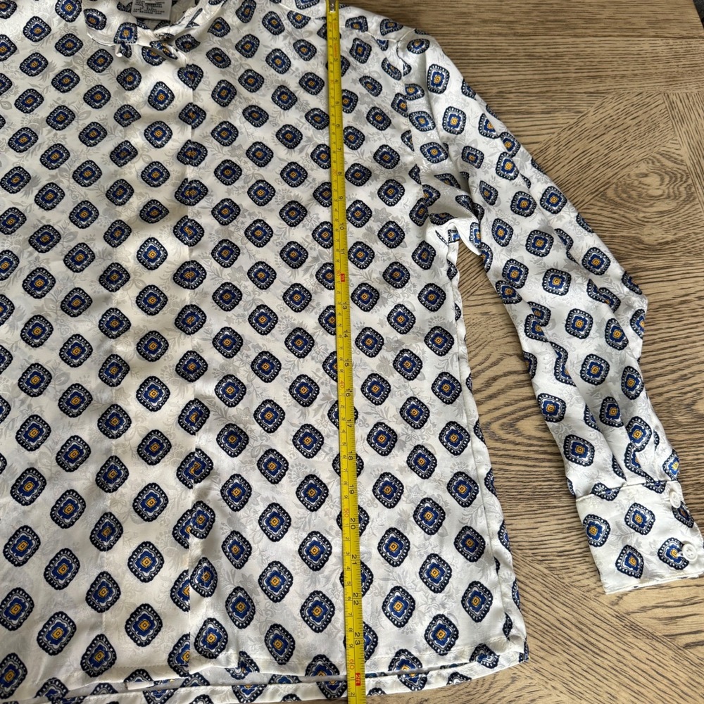Christian Dior Vintage Geometric Medallion Jacquard Blouse Ivory Navy Yellow 4 - Picture 14 of 16